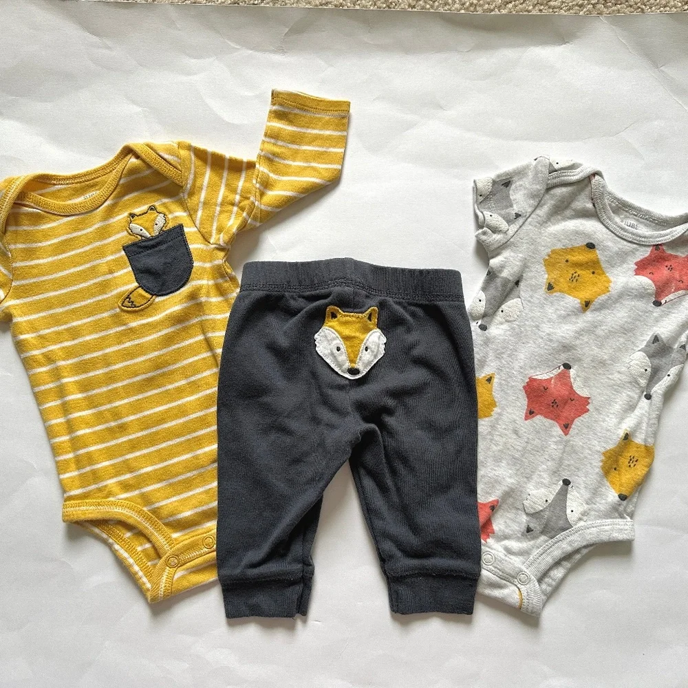 Carter's Baby Boy 3 Piece Matching Set Fall Fox Yellow Navy Size 3M